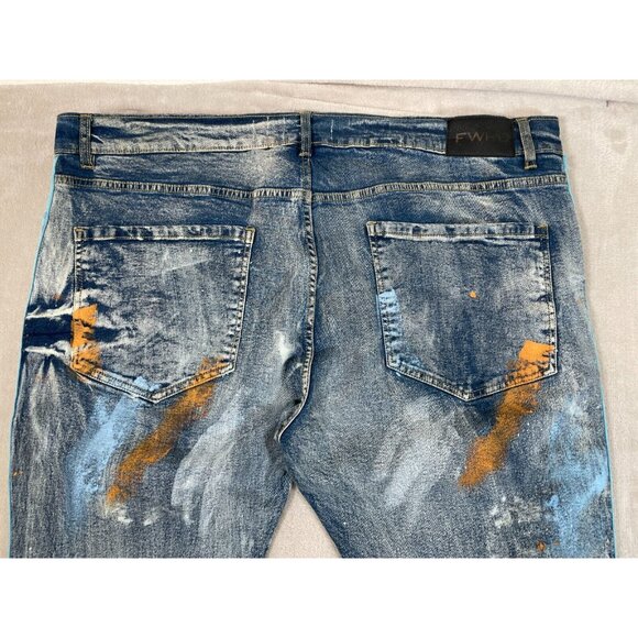 Men's FWRD Trashed Distressed Stacked Denim Jeans-Blue-Size 42 Inseam 32 - Picture 8 of 11
